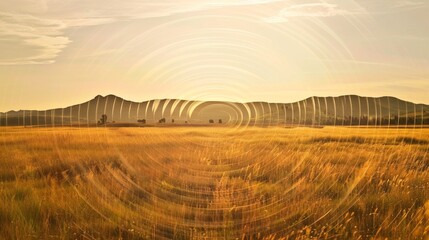 Obraz premium Sound waves radiating across a serene landscape, symbolizing the interconnectedness and harmony of natural and auditory elements.