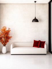 Modern minimalist living room with white sofa and decorative warm-colored plant by the window