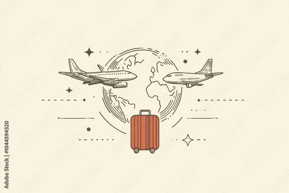 Poster a globe is surrounded by two airplanes taking off, with a suitcase positioned below, representing th