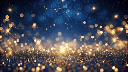 Obraz premium Navy blue background with gold particles and shimmering bokeh for holiday concepts eye level