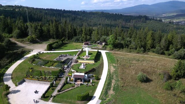 Christ the redeemer statue in Klin, Slovakia aerial panorama shot