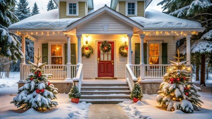 Snowy front porch of a winter getaway cottage decorated for the Christmas holidays, winter, front porch, cottage, holiday
