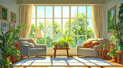 Illustrated modern building living room