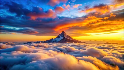 Mountain peak above vibrant clouds at sunset, showcasing nature's beauty, mountain, peak, clouds, sunset, vibrant, beauty