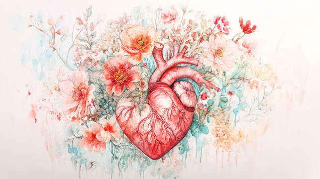 Watercolor illustration of a heart with flowers