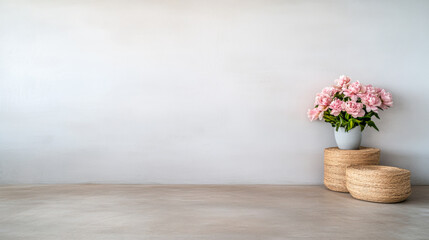 A minimalist interior design featuring a bouquet of pink flowers in a modern vase