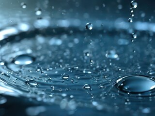 close-up, the moment of drops immersion in water, small concentric circles on the water surface, blue background
