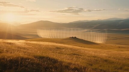 Sound waves radiating across a serene landscape, symbolizing the interconnectedness and harmony of natural and auditory elements.