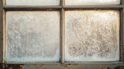 Frosty patterns on an old, vintage window, with thick frost framing the edges and intricate ice crystals forming delicate shapes