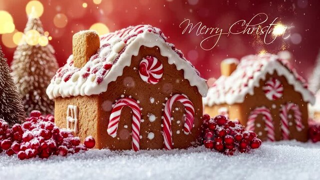 Christmas gingerbread houses with bokeh background and snowfall. Background with christmass greeting. Festive scene with holiday pastries.