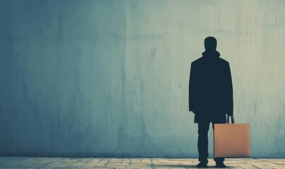 Obraz premium A silhouette of a person standing against a textured wall, holding a briefcase, evoking a sense of contemplation and solitude. The image focuses on their posture and surroundings.