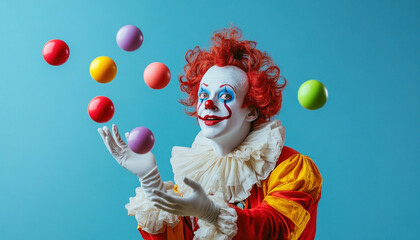 Fototapeta premium Clown juggling colorful balls on blue background
