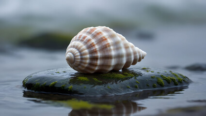 Seashell on wet rock