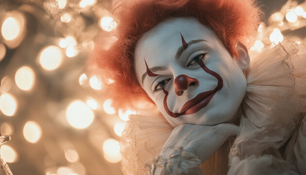 Scary clown with red hair posing with garland lights background