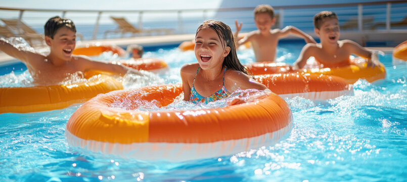 Children having fun playing in swimming pool on cruise ship
