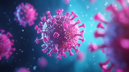 3D depiction of a virus, vibrant pink colors against a blurred blue background, highlighting intricate structures.