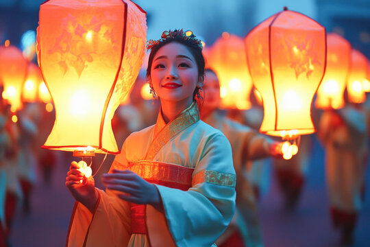 Asian woman holding latern with people walking in background