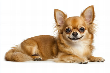 Obraz premium Close-up of Adorable Chihuahua Dog Relaxing – Cute Small Breed Puppy with Big Ears and Fluffy Fur, Isolated on White Background