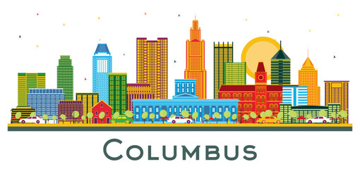 Naklejka premium Columbus Ohio City Skyline with Color Buildings isolated on white. Business Travel and Tourism Concept with Modern Architecture. Columbus Cityscape with Landmarks.