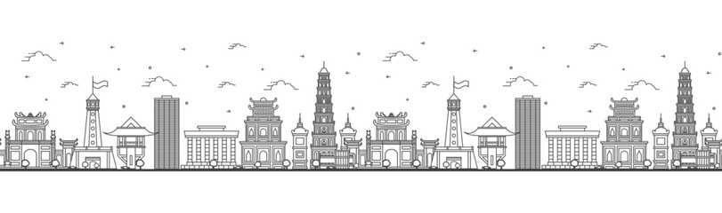 Obraz premium Seamless pattern with outline Hanoi Vietnam City Skyline with Modern and Historic Buildings Isolated on White. Hanoi Cityscape with Landmarks.