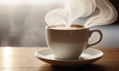 Steaming Coffee Cup on Wooden Surface: Warm and Inviting