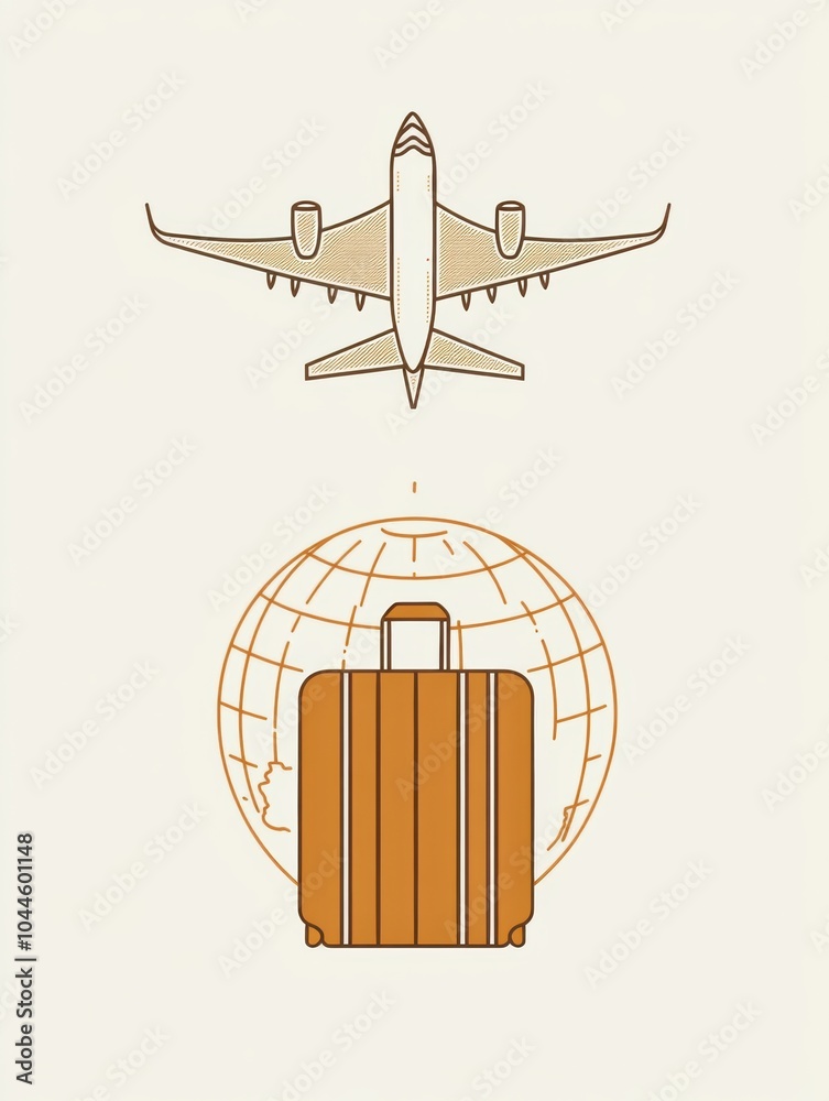 Poster a globe with an airplane flying above and a suitcase below illustrates the excitement of internation