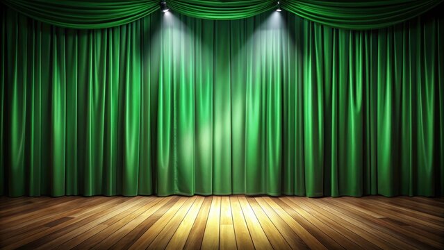 Empty green curtain stage with wooden floor and spotlight, Stage, Curtain, Green, Wooden, Floor, Spotlight, Empty