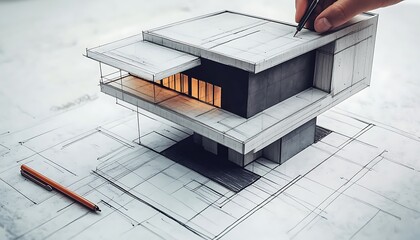 Hand drawing a modern house model on blueprint.