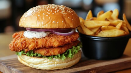Crispy chicken schnitzel burger served alongside fries or potato chips with a side of aioli sauce