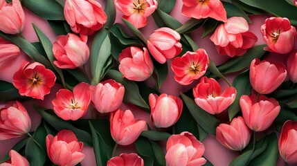 Fototapeta premium Festive pink floral backdrop featuring tulips captured from a flat lay perspective