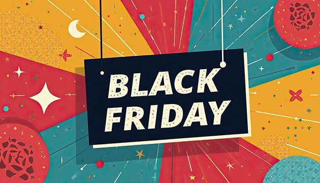 Bold retro abstract color scheme and Black Friday banner in vibrant geometric shapes.