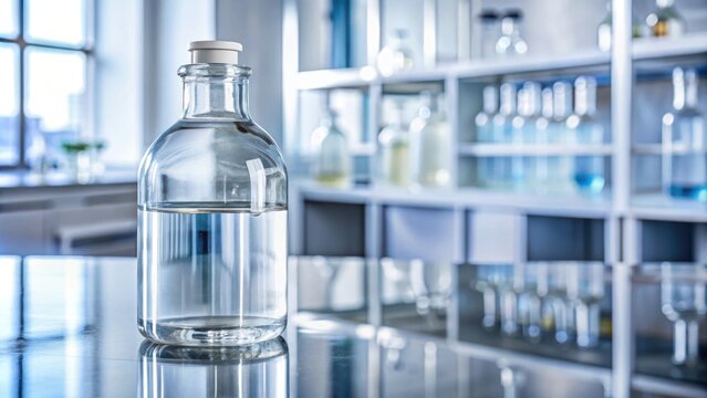 A close-up photo of a clear bottle filled with acetic acid on a laboratory table , vinegar, chemical compound, laboratory