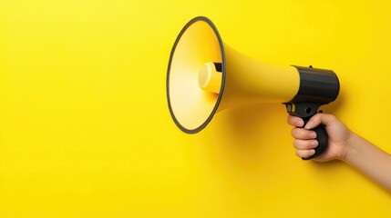 Hand holds a megaphone through a wall on a vibrant yellow background Concept of recruitment and promotional advertising Banner design crafted with technology