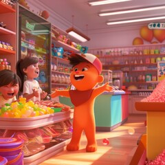 Obraz premium An animated candy store with a vibrant atmosphere, showcasing colorful candy display cases and playful animations