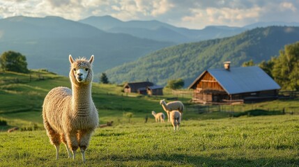 Joyful alpaca in a serene farm setting Space for text