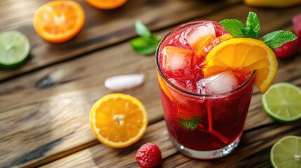 Refreshing fruit punch mocktail served on a wooden table