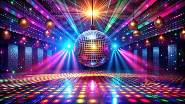Vibrant dance hall with disco ball and colored lights , colorful, vibrant, dance hall, disco ball, beams of light