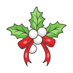 A cheerful Christmas holly illustration with a red bow and frosty white berries, evoking the spirit of the holiday season