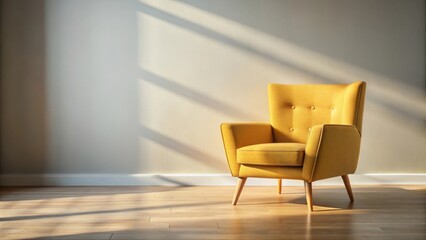Mustard armchair basking in sunlight against textured wall, exuding comfort and warmth in minimalistic interior, warm, mustard