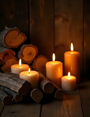 Warm wood scent fills the rustic room with sticks and flickering candles.