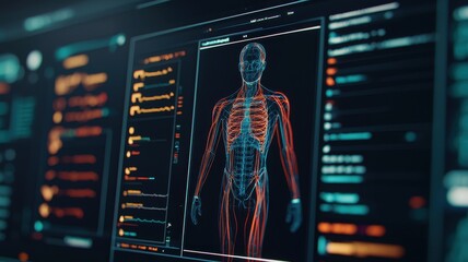 A digital graphic showing a human skeletal and muscular system with interactive data on a futuristic interface.