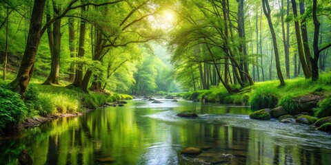 Obraz premium Peaceful stream flowing through lush green forest , nature, tranquility, water, trees, landscape, scenic, outdoors