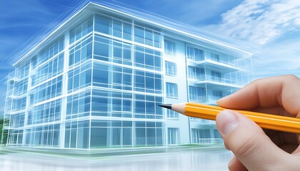 Hand drawing a modern building with a pencil.