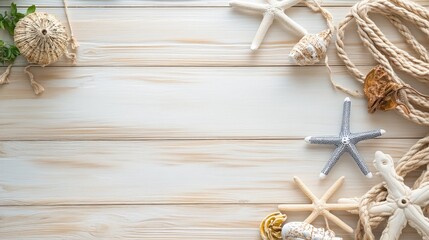 Obraz premium Summer table arrangement featuring nautical decor on a light colored wooden surface