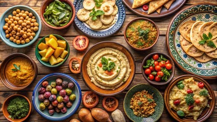 Eid table set with traditional Moroccan halal food including hummus and homemade meals, Ramadan, halal, food, Eid
