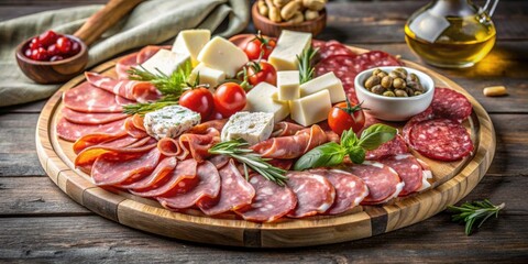 Platter of salami, prosciutto, and fresh cheese as traditional Italian appetizers , charcuterie, antipasto, gourmet
