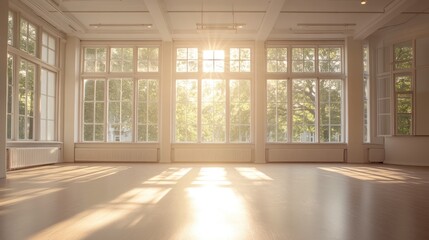 Fototapeta premium Bright and airy dance studio illuminated by morning light streaming through the window Features a ballet and dance ambiance with a light backdrop