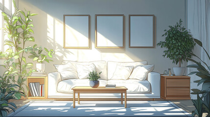 Illustrated modern building living room