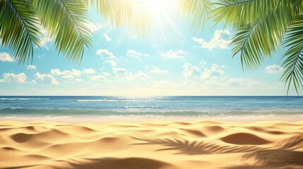 Tropical beach scene featuring golden sand sun rays and palm leaves Close up of the sea and blue sky offering ample copy space for summer vacation themes