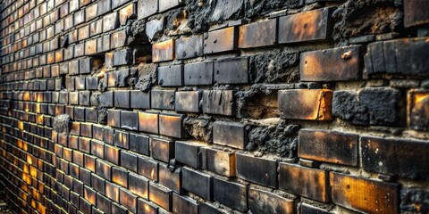 Burnt black brick wall with textured fire damage in close-up view